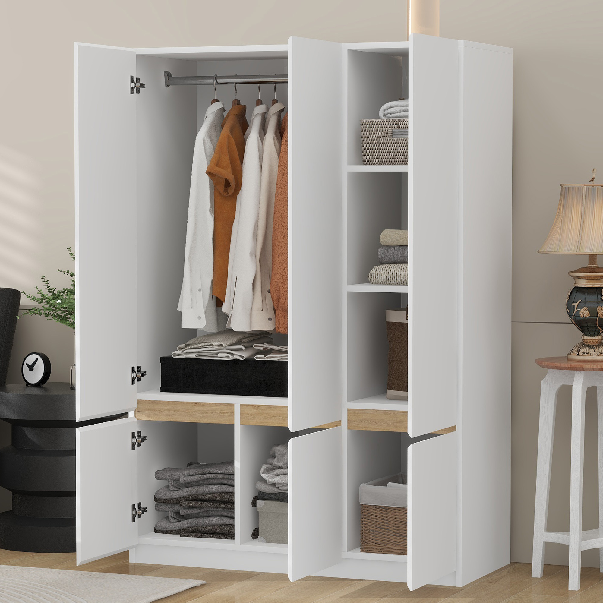 6-Doors Wooden Wardrobe Closet Storage Armoire with Multi-Layer Shelves for Bedroom