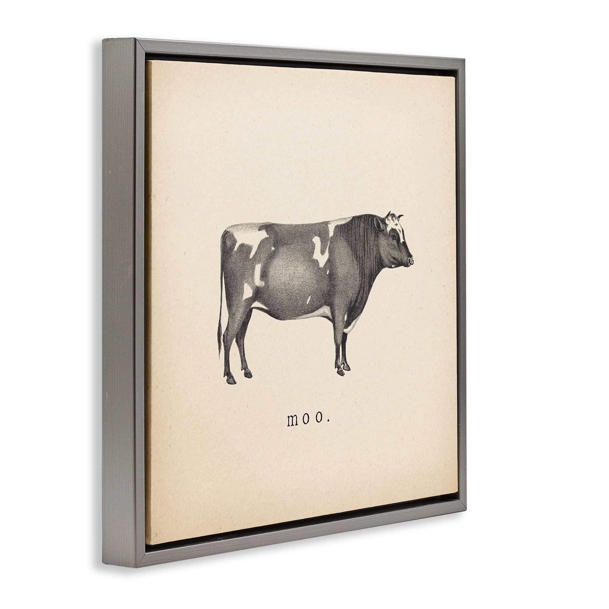 Stupell Industries Moo Farm Cow Sounds Animals Painting Gray Floater Framed Canvas Art Print Wall Art, 18 x 18