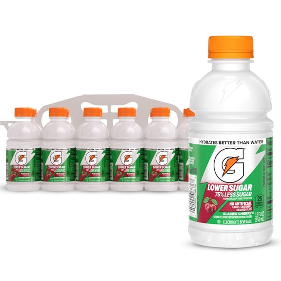 Gatorade Lower Sugar, No Artificials Glacier Cherry Flavored Electrolyte Sports Drink, 12 fl oz Bottle, (12 pack), 75% Less Sugar, Hydration