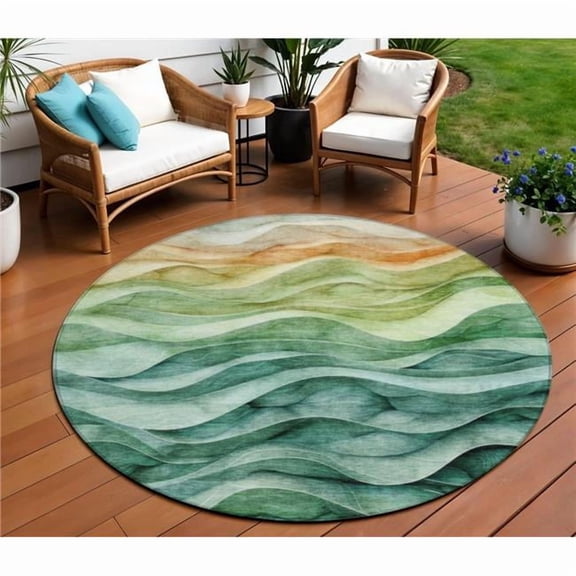HomeRoots 608078 8 ft. Teal Blue Round Abstract Washable Indoor & Outdoor Area Rug