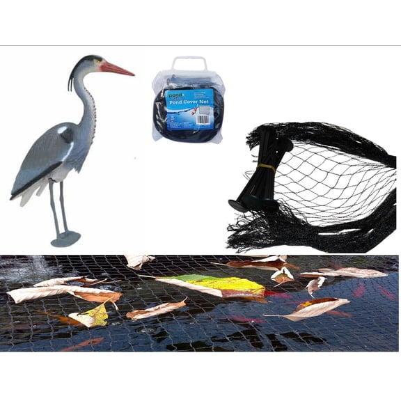 Medium Water Garden Koi Fish Pond Heron Defense Kit, Includes Heron Decoy and Pond Cover Netting, Protects Koi Fish from Blue Heron Birds, Cats & Predators – Reusable & Stakes Included