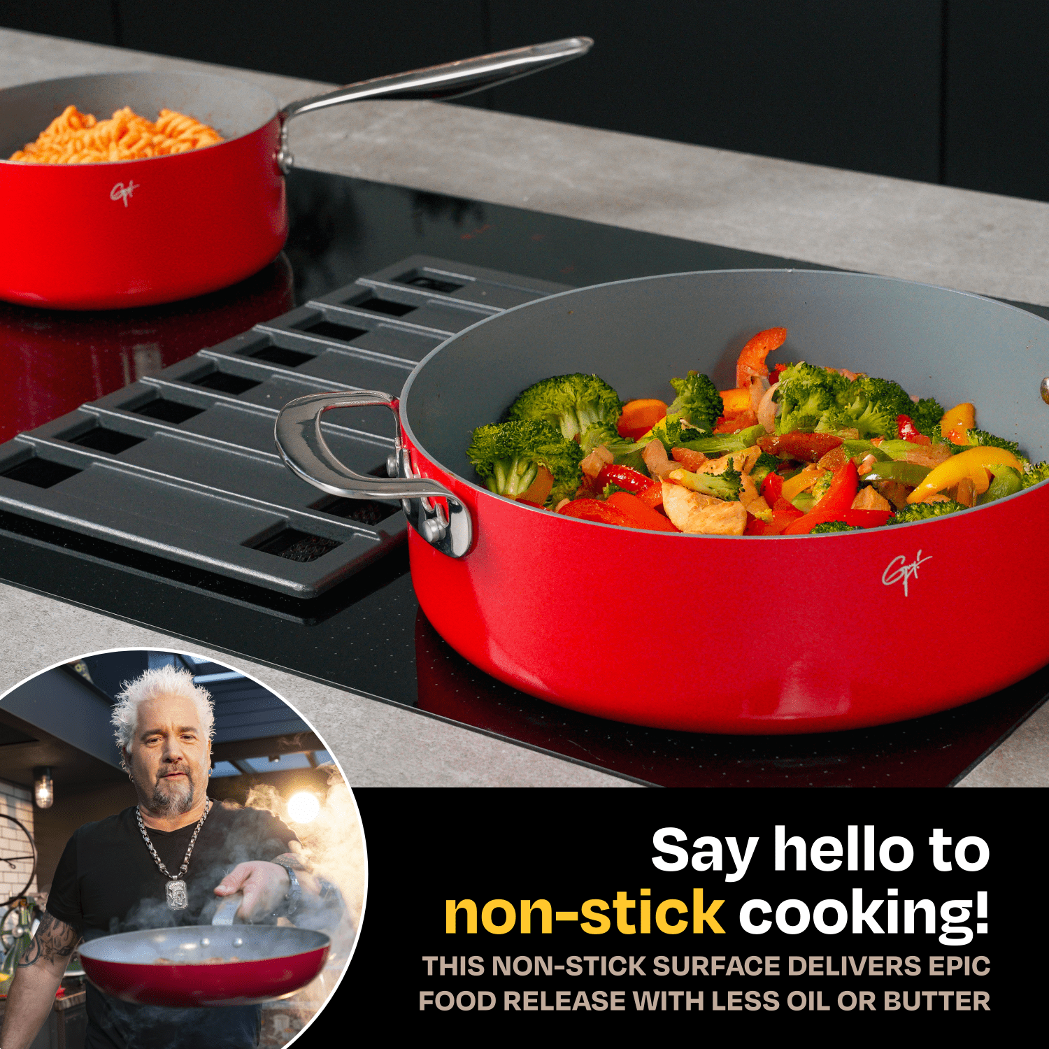 Guy Fieri's Flavortown 6-Piece Ceramic Cookware Set, 8" & 10.2" Frypans, 2QT Saucepan, 3.2QT Sautépan Nonstick, Oven & Dishwasher Safe, Easy to Clean Everyday Cookware