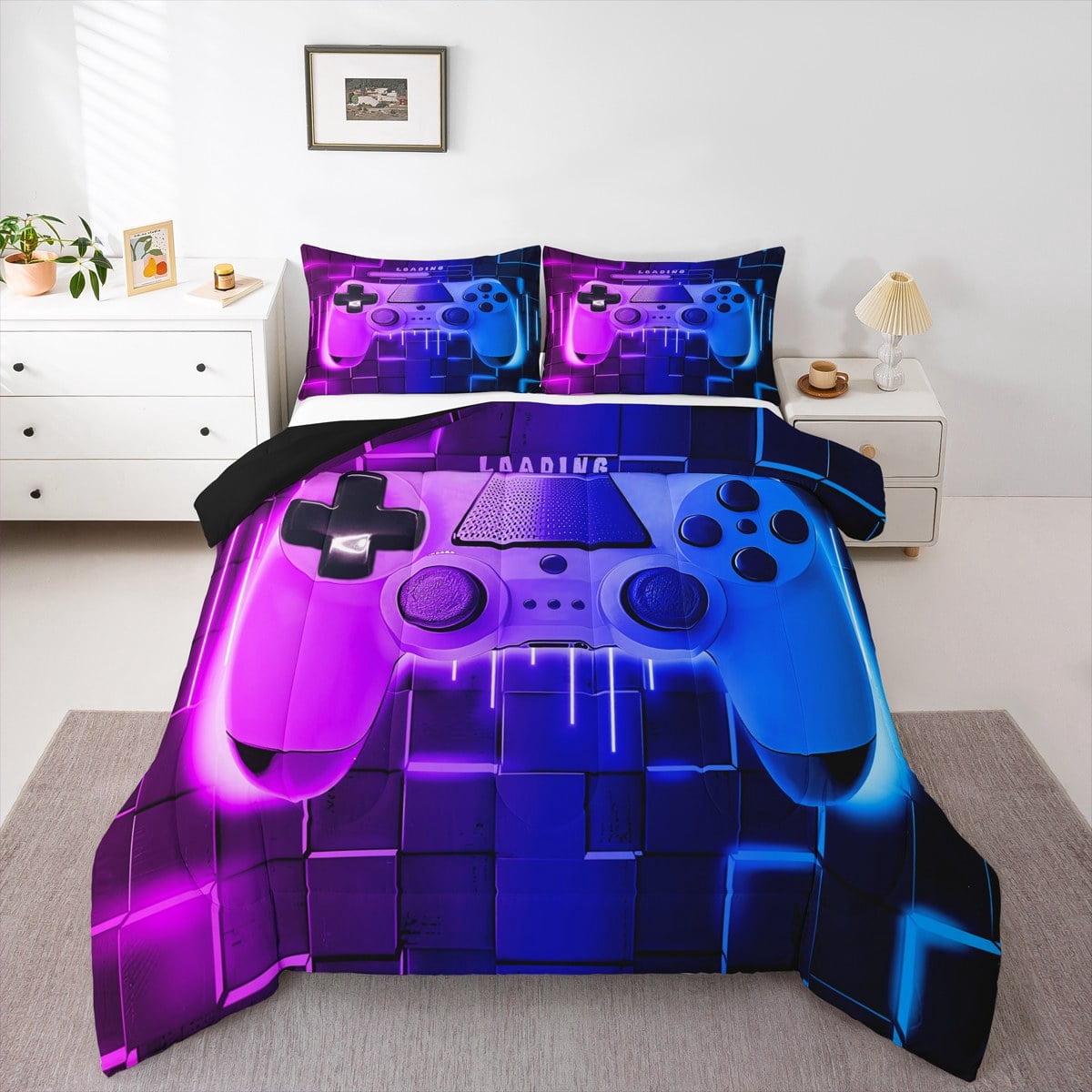 Blue Purple Gaming Comforter Set - Gamer Comforter Twin Bedding Sets , Neon Lights Abstract Geometry Design Gamer Room Decor