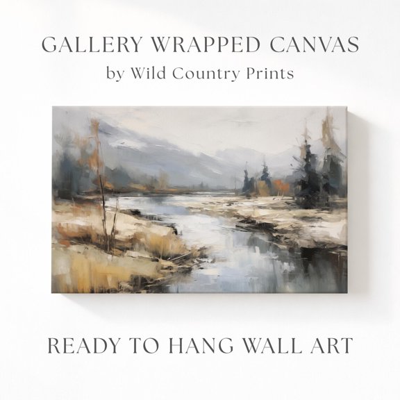 Winter River Snowy Stream Landscape Pines Cabin Lodge Muted Scene Poster