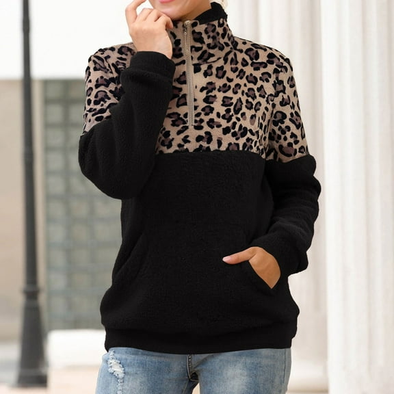 Hoodies Leopard Print Sweater Women's Stitching 1/4 Zipper Collar Top Double Fleece Warm Jacket With Pockets