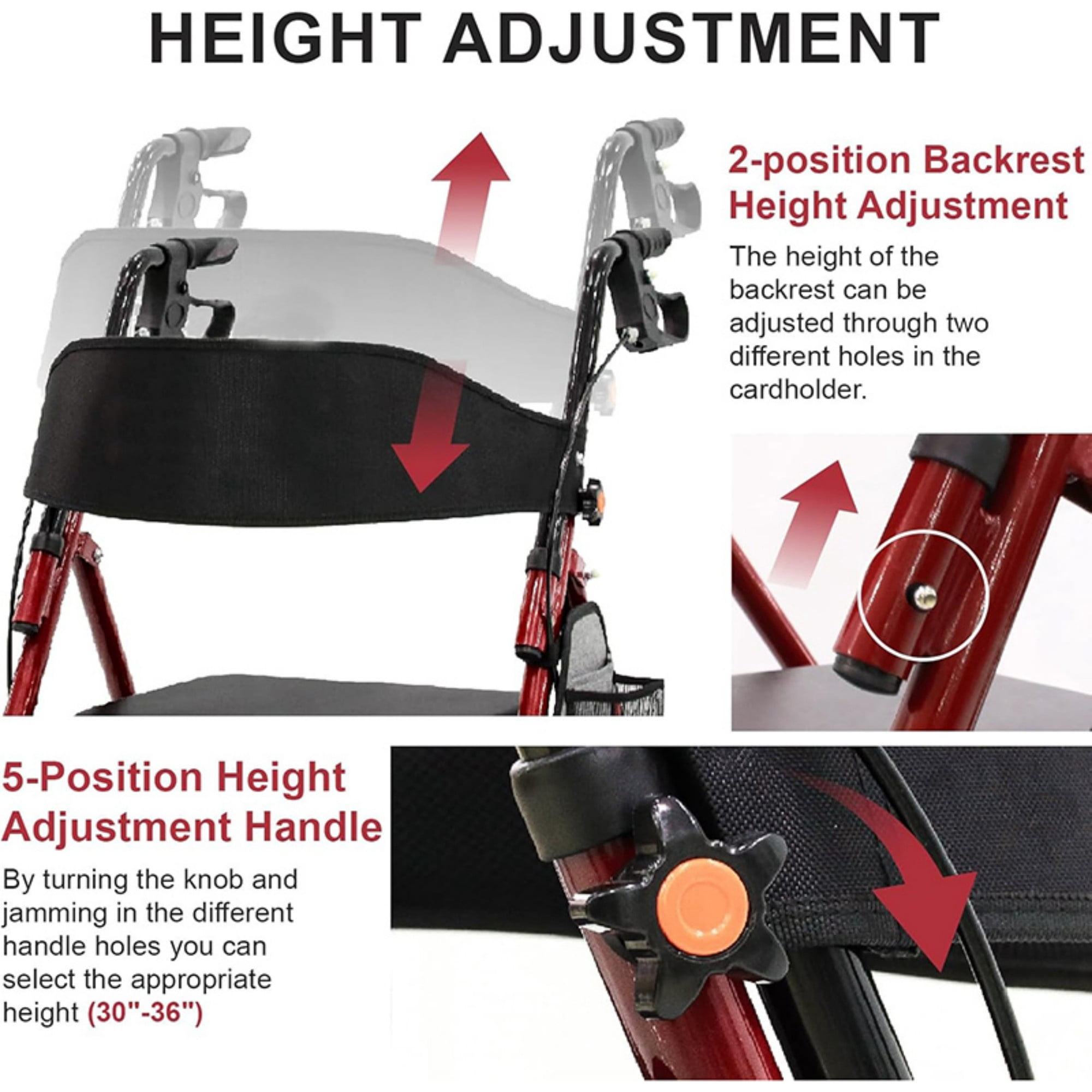 Lightweight Foldable Rollator Walker with Seat for Seniors, 350 lb Capacity, 5-Position Adjustable Height, Aluminum & Carbon Steel Frame, Red