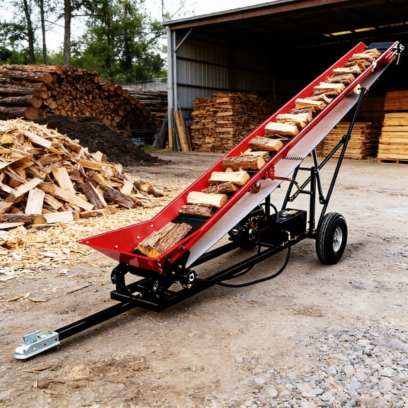12-Inch Width PVC Belt Firewood Conveyor, Briggs & Stratton 6.5HP Engine Gas Powered Wood Lifter, 9.8 FT Adjustable Height Elevator for Outdoor Log Stacking, Red Black