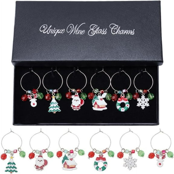 1 Box 6pcs Christmas Wine Charms DIY Wine Stem Charms Colorful Red Green Snowflake Trees Identifiers Wine Tag for Holiday Party Favors Family Gatherings Drinker Gift Wedding Decoration colorful