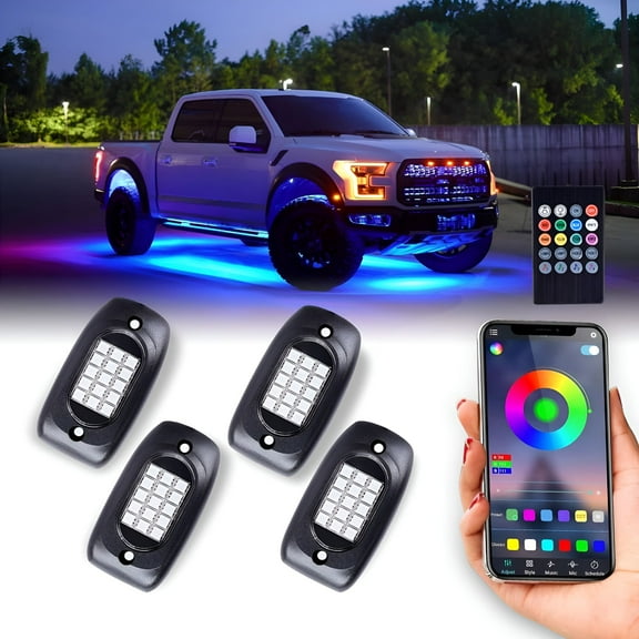 GJX Waterproof RGB LED Rock Lights, 4Pcs Neon Underglow Lighting Kit with APP & Wireless Remote Control, Auto Wheel Exterior Underglow Lights, Under Car Lights for SUV, Truck, Motorcycle