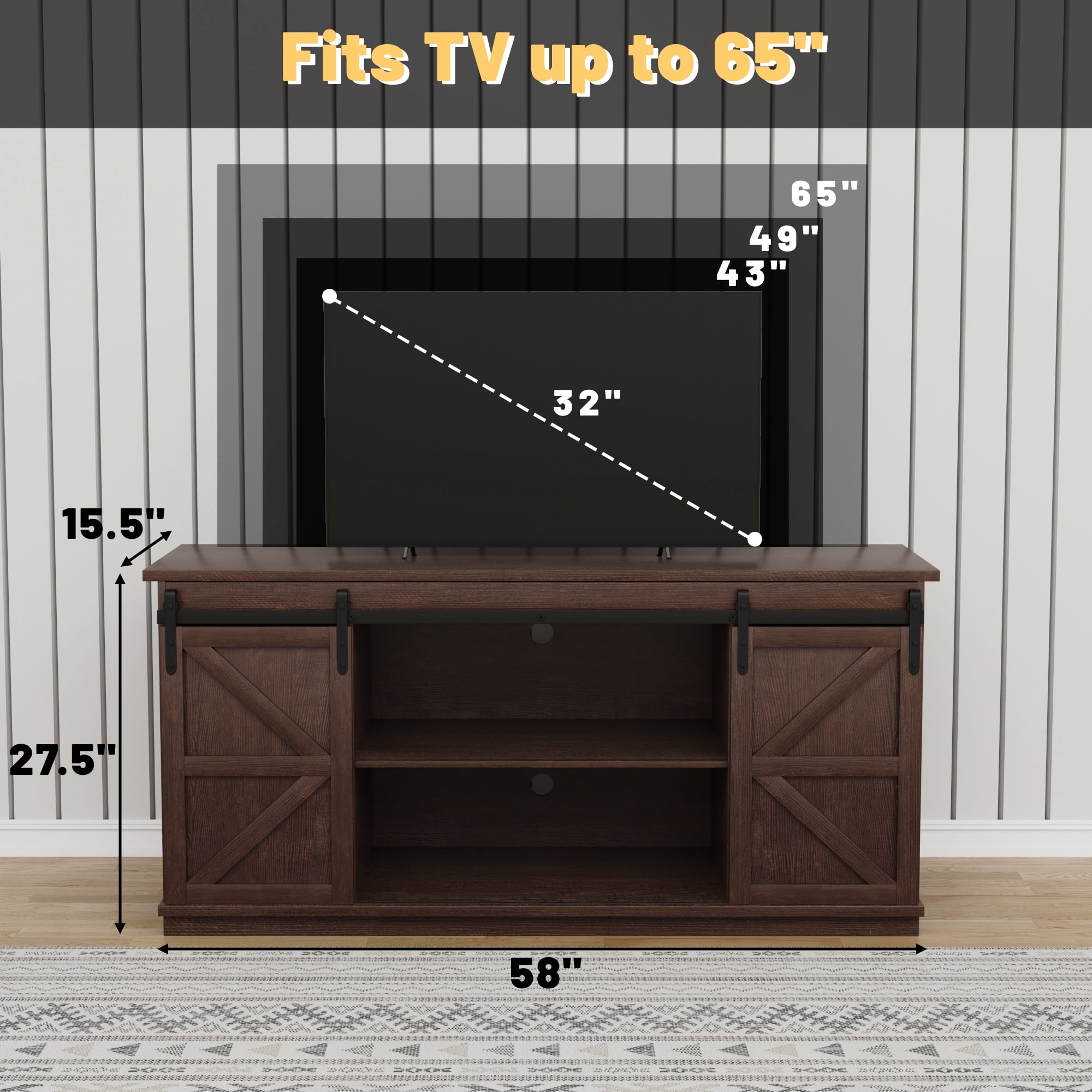 Vineego 58 inch Farmhouse TV Stand and Entertainment Center for Televisions,with Sliding Barn Doors and Storage Cabinets,Chocolate