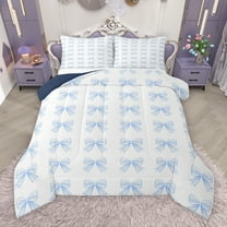 Manfei Teens Blue Bowknot Queen Comforter Set, Cute Ribbon Bow Bedding Sets, Princess Cartoon Theme Reversible Bedding Comforter Set, Lightweight Room Decor, 3pcs