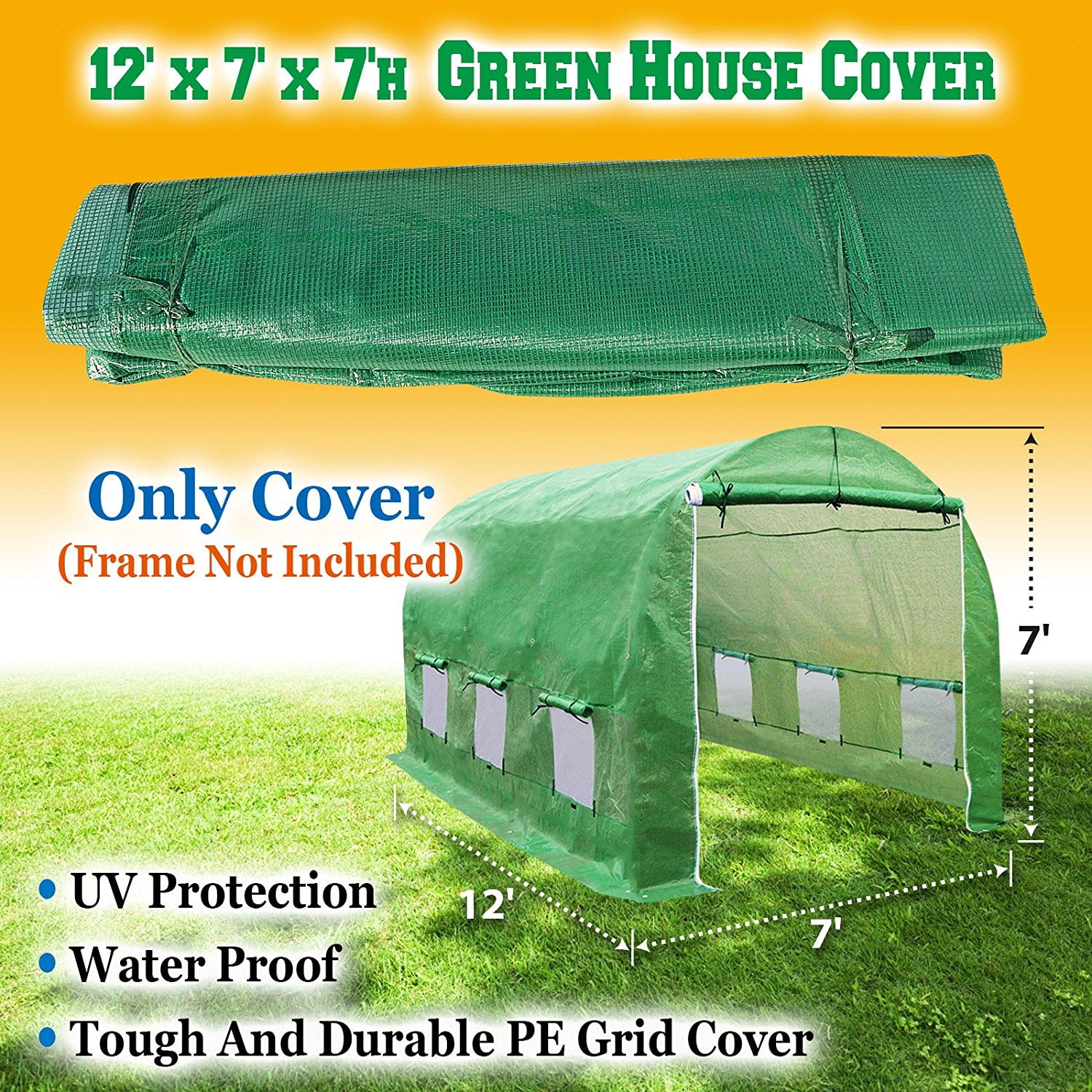SUNNY Replacement Cover Canopy for Hot Green House 12'X7'X7' Larger Walk in Outdoor Plant Gardening Greenhouse Plant Protector (Frame not Include) Color: Green