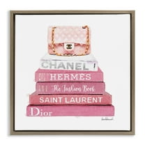 Stupell Industries Pink Book Stack Fashion Handbag Beauty & Fashion Painting Brown Floater Framed Canvas Art Print Wall Art, 25 x 25