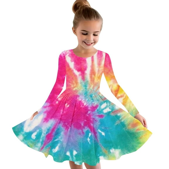 GERsome Girls Long Sleeve Dress Crewneck A line Twirly Skater School Party Tie-Dye Dress 4-14 Years