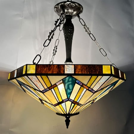 

Tiffany Pendant Light Fixture 3-Light Inverted Ceiling Pendant 18In Mission Style Stained Glass Hanging Lamp