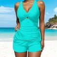 thumbnail image 4 of Ecqkame Two Piece Swimsuit for Women Sexy V Neck Tummy Control Bathing Suits Solid Color Vacation tankini Set Blue XL, 4 of 8