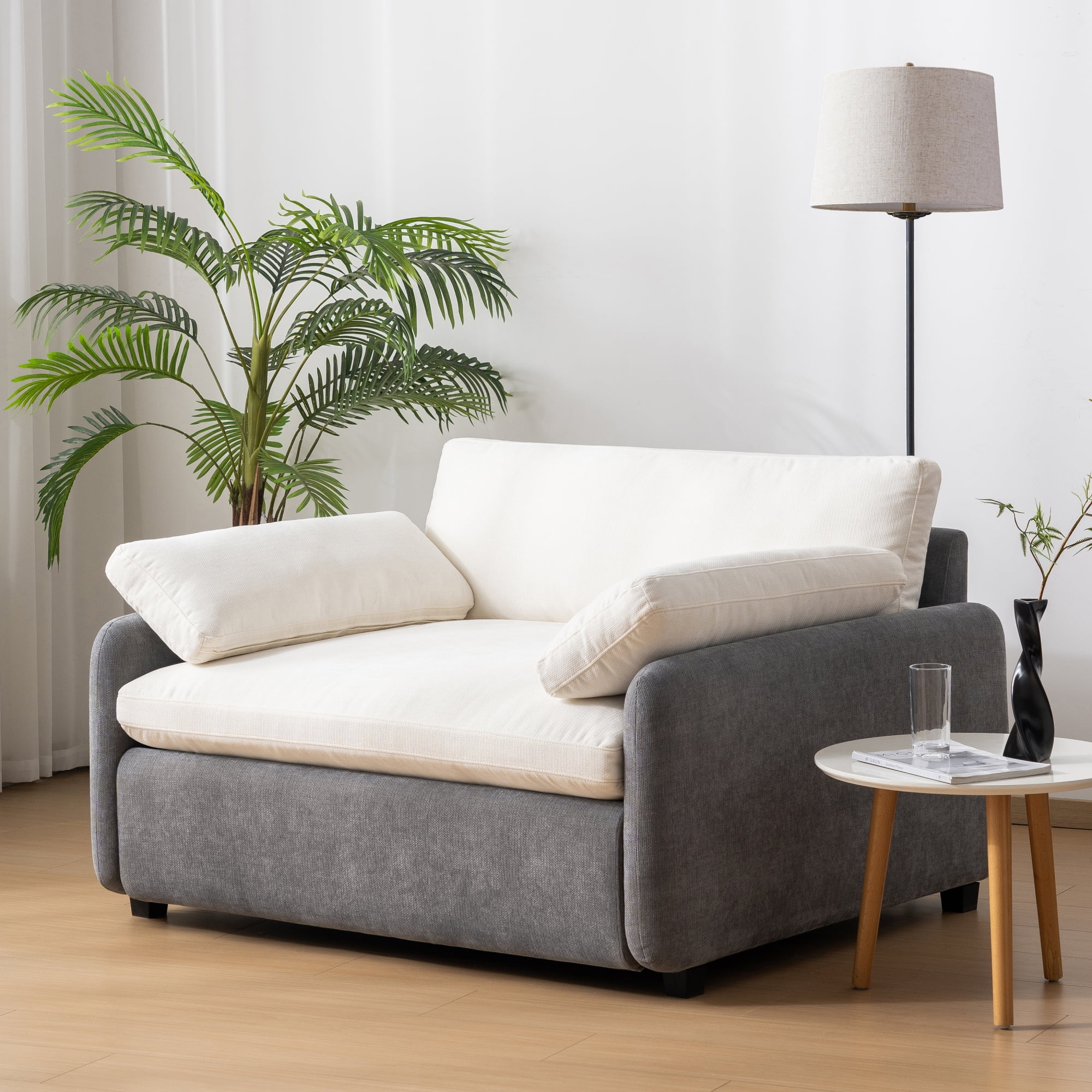 Leumius 50" Oversized Single Sofa Chair, Chenille Accent Chair with Wide and Deep Seat, Upholstered Armchair with Pillows for Living Room,Apartment,Bedroom, Gray+Cream