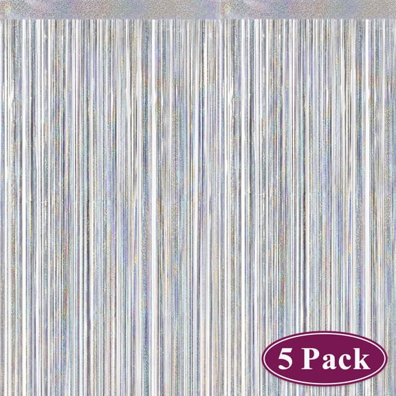 Foil Fringe Curtains Iridescent Silver Metallic Tinsel Backdrop Party Decorations for Birthday Wedding Disco Theme, 5 packs