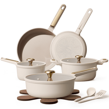 Carote 14-Piece Pots and Pans Set, Ceramic Nonstick Cookware Set with Utensils,Induction Compatible, Taupe