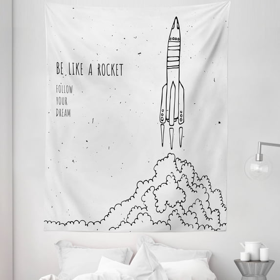 Dream Tapestry, Words for Dream and Space Lovers Be Like Rocket Follow Your Dreams Art, Fabric Wall Hanging Decor for Bedroom Living Room Dorm, 5 Sizes, White and Black, by Ambesonne