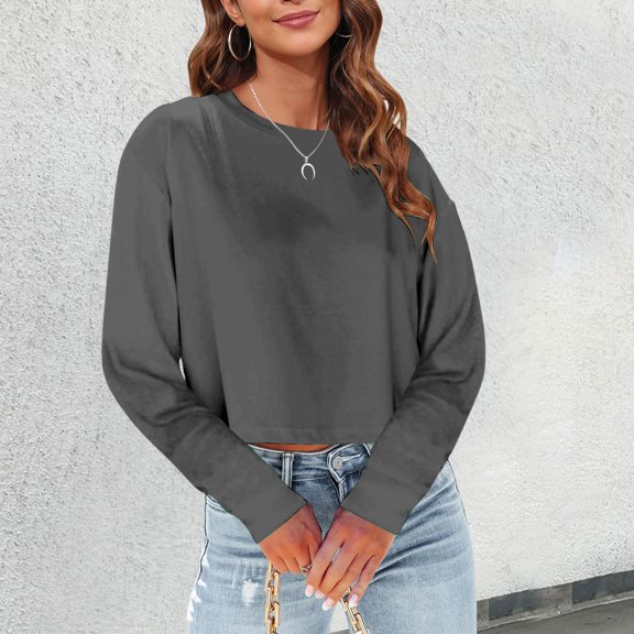 Graphic Tees for Women T-Shirts T Women Fashion Casual Solid Round Neck Long Sleeve Crop T Shirt Top Gray XL
