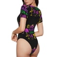 thumbnail image 3 of KLL Women 's Crew Neck Bodysuit Jumpsuits Mardi Gras with Flamingo Print Short onesies Stretch T Shirts, 3 of 7