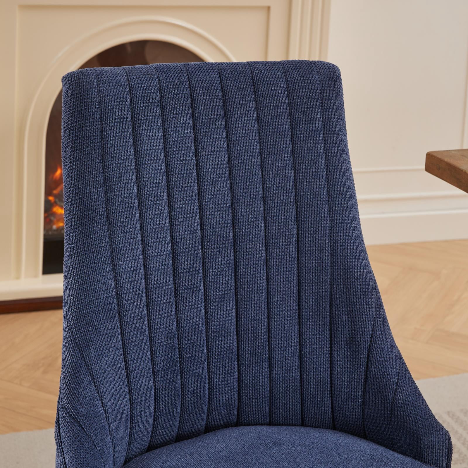 MAYEERTY Rayon Flocking Linen Dining Chairs - Channel Tufting, Curved Solid Wood Legs, Blue, Set of 2
