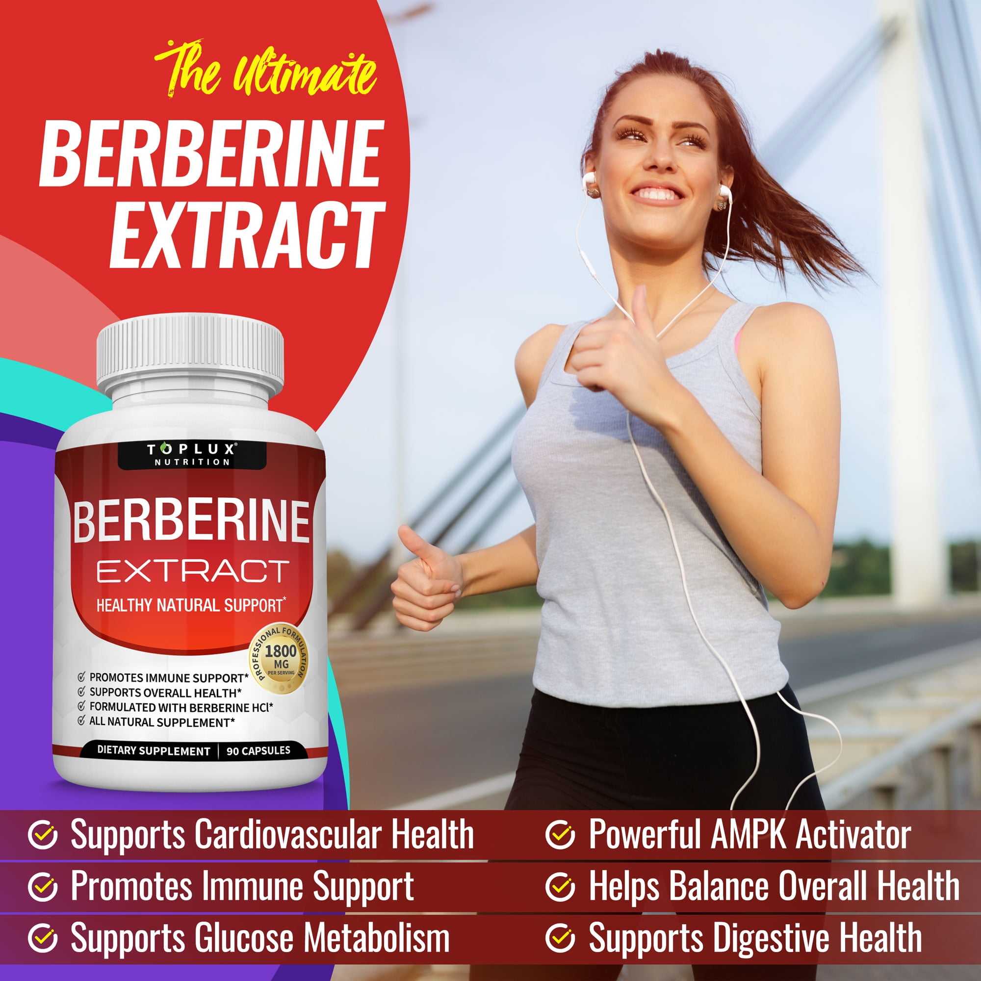 Toplux Berberine Supplement 1800mg Pure Berberine Hcl Supports Healthy Levels 90 Capsules