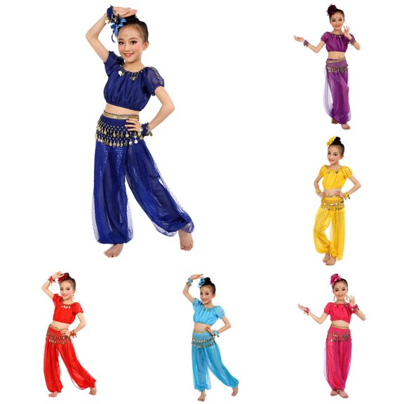 HCYSFG Girls Coin Sequin Costume Sets 3 Piece Dress Up Outfits Off Shoulder Short Sleeve Crop Top Harem Pants And Hip Scarf Performance Sets