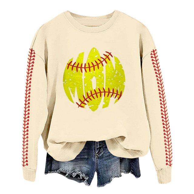 Pavied Chandails à Col Rond pour Femmes, Chandails Graphiques, Chandail de Baseball pour Femmes,Udadera Para Mujer, Haut Décontracté à Col Rond Imprimé Baseball pour Femmes, Beige 1 m
