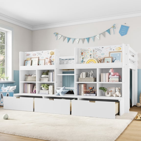 Luckynote Twin Loft Bed, Low Platform Bed with Multi Storage Shelves and Curtain, Loft Bed with Chalkboard, No Box Spring Needed, for Compact Spaces, White