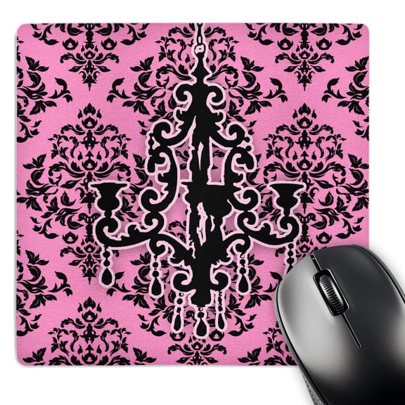 3dRose, Stylish and pink damask print with chic black chandelier fixture , MousePad