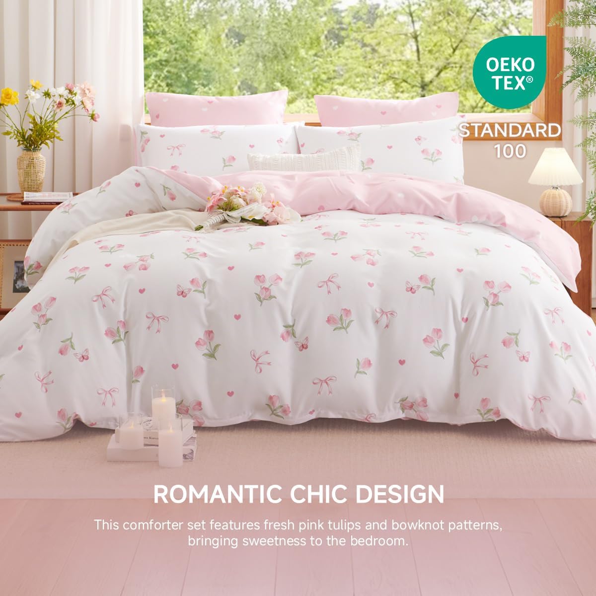 JOLUSERE Pink Tulip Twin Comforter Set, 2-Piece Pink Flowers Reversible Soft Bedding Set or Adults All Season