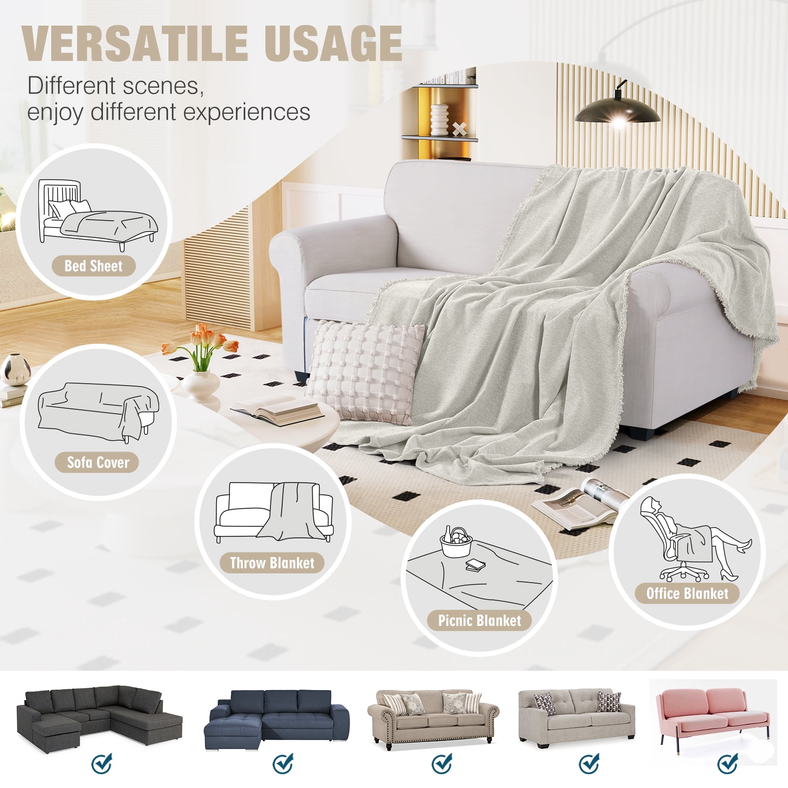 Timeles Couch Covers Washable Loveseat Sofa Covers with Tassels Sofa Blanket Soft and Durable Furniture Protector for Kids Pets (71" x 102", Cream)