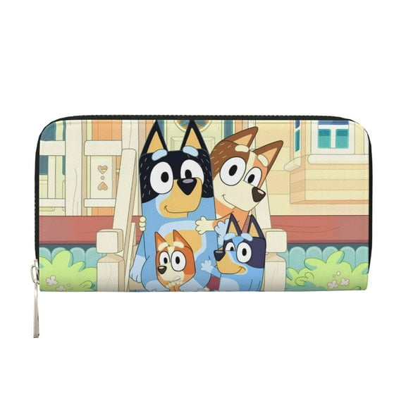 Kowoue Bluey Pattern Genuine Leather Long Wallet Card holder Wallet with Coin Pocket Wristlet Clutch Wallet Purse