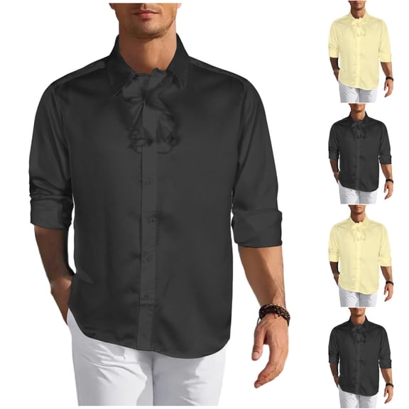Hinvhai Men's Single Breasted Long Sleeve Loose Ruffle Lapel Shirts Elegant Business Casual Tops Black XL(XL)