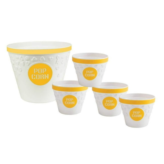 Plastic Popcorn Bucket and Popcorn Bowls in Yellow with Removable Kernel Catcher (Set of 5)
