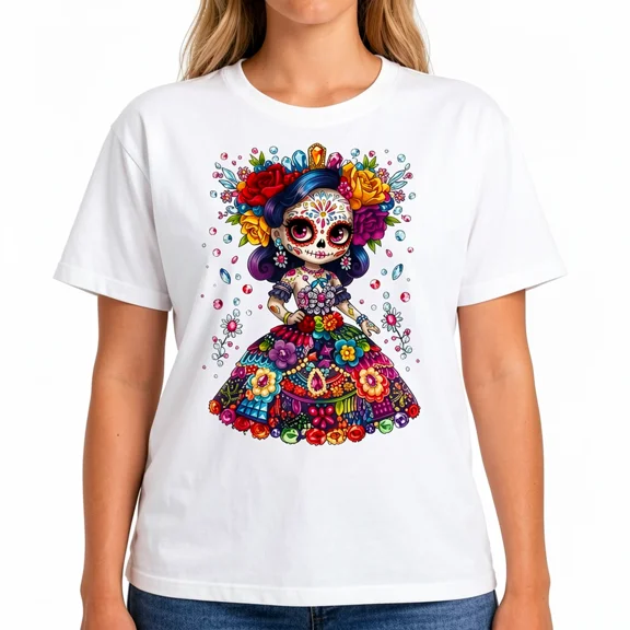 Women's Sugar Skull Girl Graphic T-Shirt, Floral Day of the Dead Casual Tee