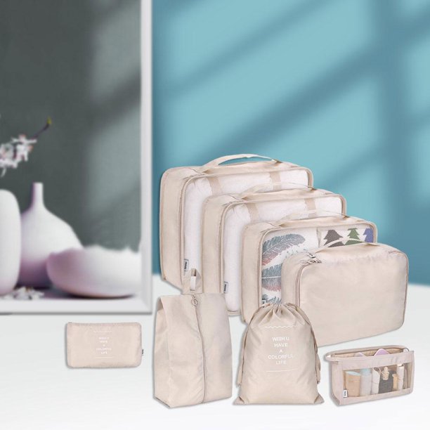 Cubos de embalaje portátiles de 8 piezas Bolsa de ropa interior de clasificación de ropa Bolsa de cosméticos Organizadores de embalaje de viaje Bolsa beige Baoblaze Organizador de viajes
