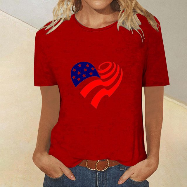 Fiudx Ofertas Relámpago Camiseta de Manga Corta con Cuello Redondo y Estampado Del Día de La Independencia para Mujer, Top/Camisa de Manga Corta con Cuello Redondo