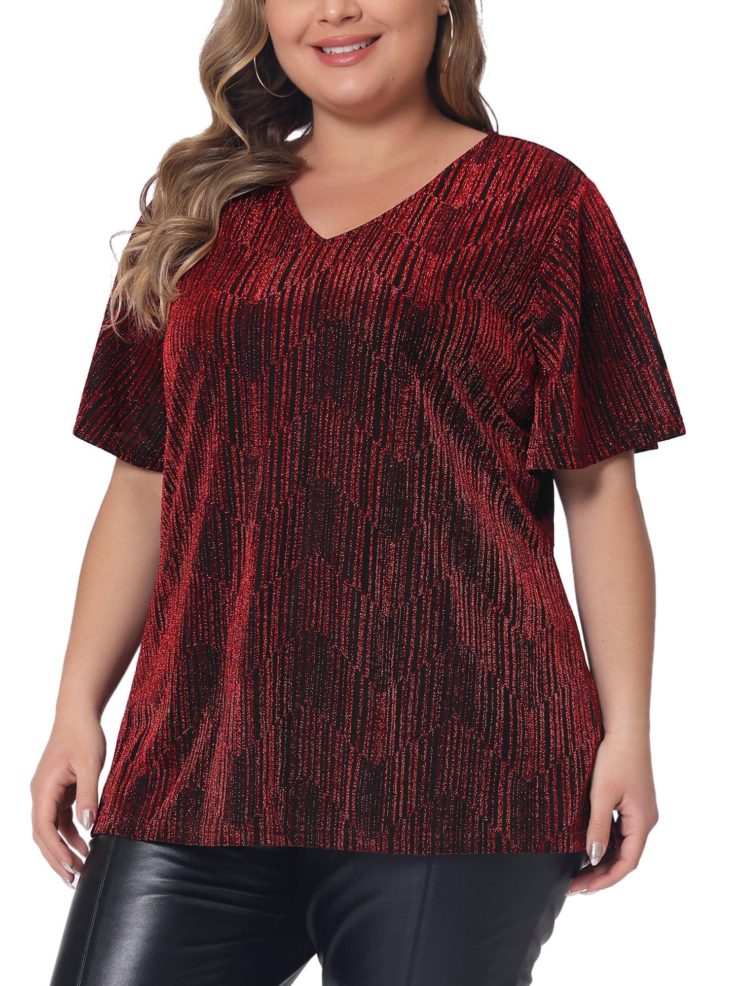 Women's Plus Metallic Tops V Neck Short Sleeve T-Shirt Party Top Glitter Blouses 2X Burgundy