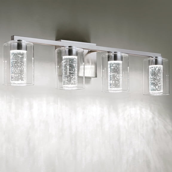 SineRise 4-Light Brushed Nickel Vanity Light with 3 Color Modes (3000K/4000K/6000K), Eye Protection LED Bathroom Light Fixture, Dimmable Modern Wall Light Over Mirror with Clear Glass Shade