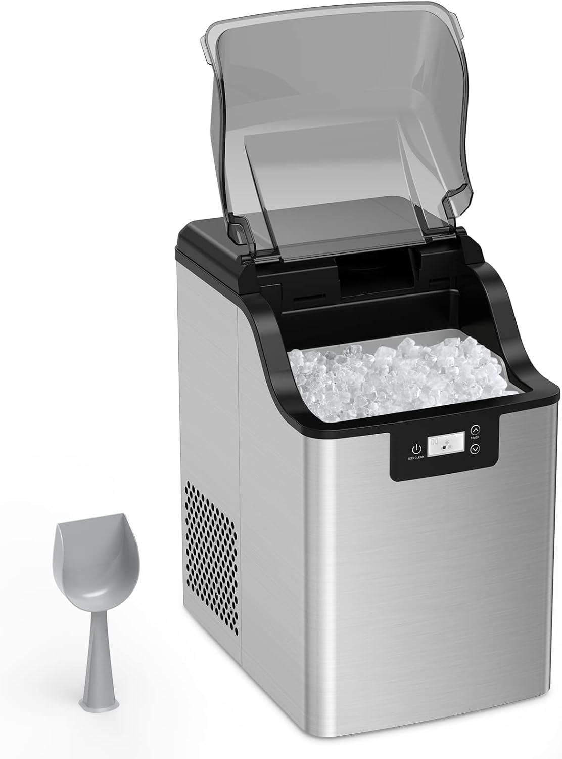 M optimized 44LBs/24H Ice Maker, Stainless Steel Countertop Pebble Ice Maker, Self-Cleaning & Timer Function, Portable Sonic Ice Maker with Ice Basket & Scoop for Home, Bar