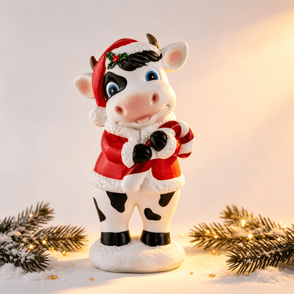 7.87" Lighted Blow Mold Cow Indoor Outdoor Christmas Decoration, Vintage Style Lighted Cow Sculpture for Home Shelf Porch Decor