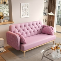 56.6" Faux Leather Loveseat Sofa, Upholstered Modern 2-seat Sofa Couch with 2 Dumpling-shaped Throw Tulip Pillows, Small Love Seat Sofa with Wooden Legs for Bedroom Apartment Office, Pink