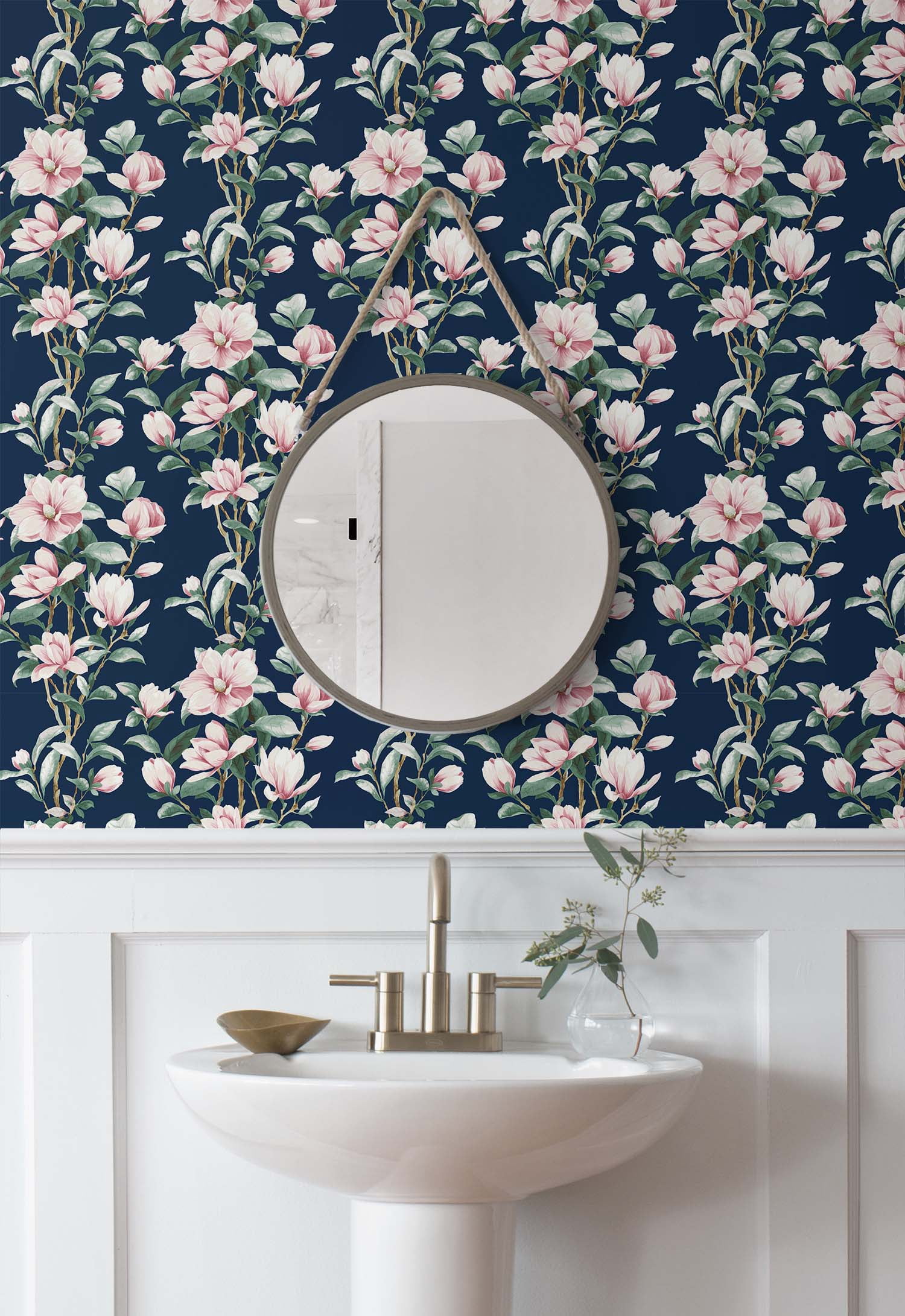 NextWall Navy & Blush Magnolia Trail Peel and Stick Wallpaper