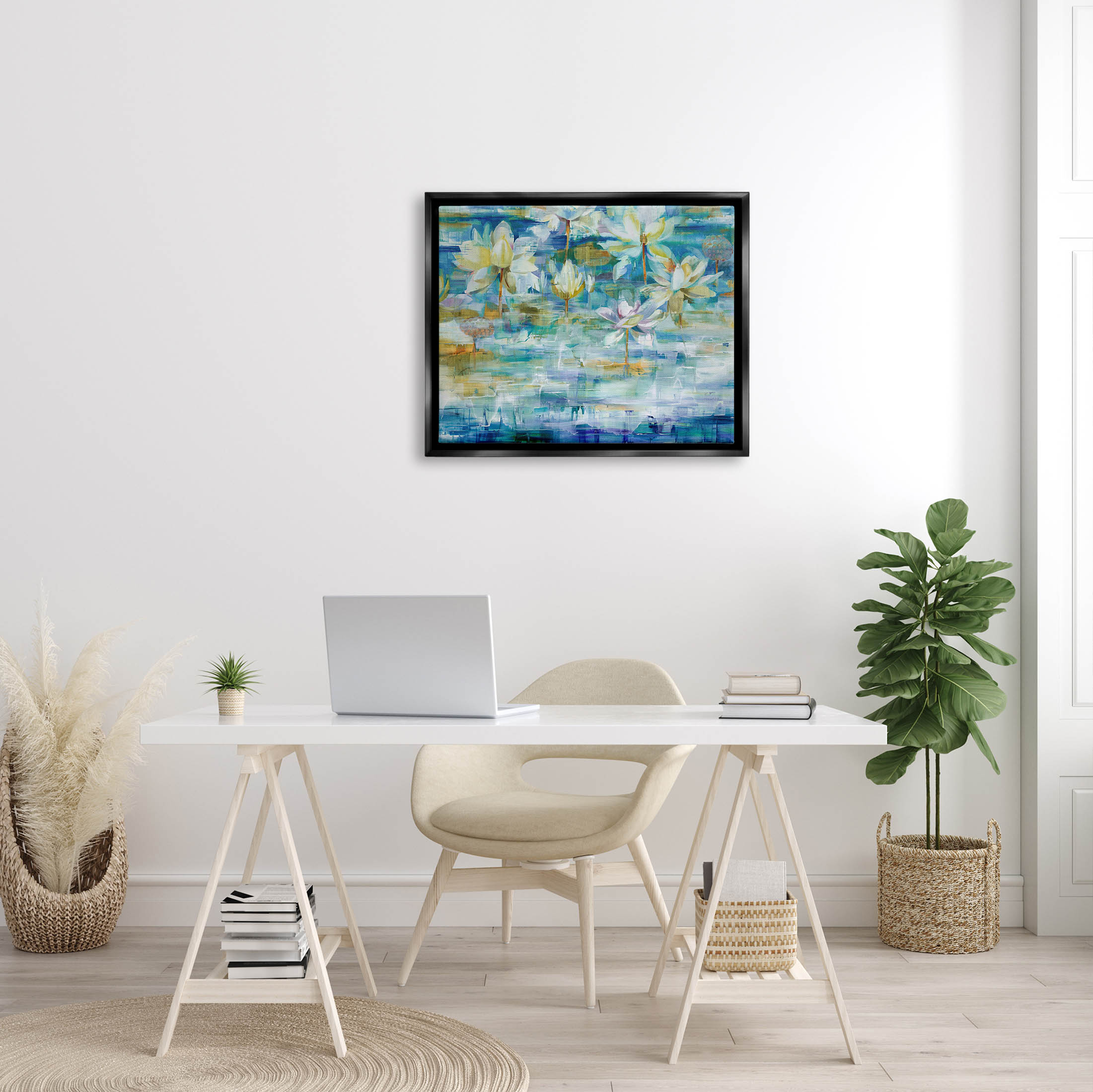 Stupell Industries Lotus Water Lilies Modern Pond Painting Jet Black Floating Framed Canvas Print Wall Art, Design by Liz Jardine