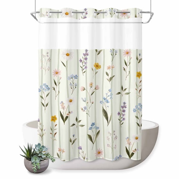 No Hook Shower Curtain, Spring Floral Shower Curtains for Bathroom with See Through Top Window, Summer Botanical Sage Green Striped Waterproof & Washable Bath Curtain Extra Long 72"x84"