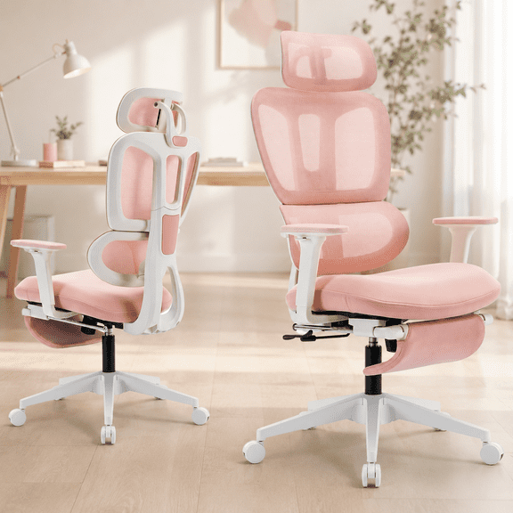 Ergonomic Office Chair with Footrest, High Back Mesh Desk Chair with Adjustable Headrest & Armrests, 90°-135° Reclining Computer Chair with Lumbar Support and Rocking Function, Pink