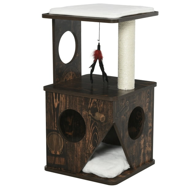 1940 argentia road mississauga, on l5n 1p9. pawhut 2 level cat tree wooden activity center for pets with soft cushion funny cat feather rope cat tower with scratching posts brown